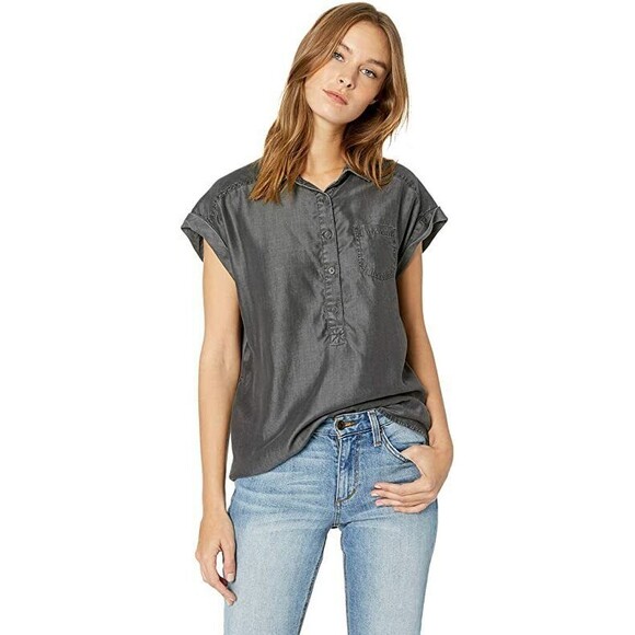 New Womens NWT L Grey Wash Azul PrAna Top Tencel Short Sleeve Casual Comfy Light - Picture 1 of 7